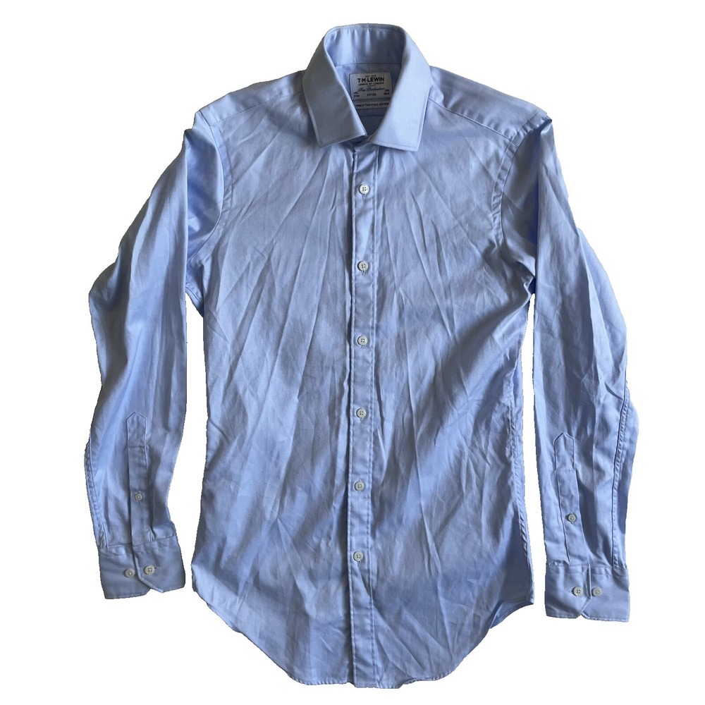 TM Lewin Mens Fitted Long Sleeve Buttoned Cotton‎ Shirt Blue, 14.5 x 33.5